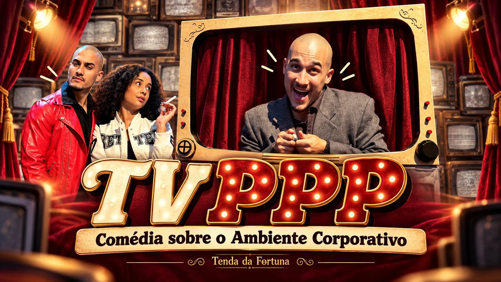 Capa do vídeo TV PPP, comédia sobre o ambiente corporativo: três atores diante de uma parede de televisores antigos e cortinas de veludo vermelho